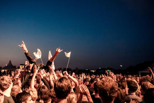 Person crowdsurfing at a music festival in Germany against a night sky, hands in the hook'em horns position