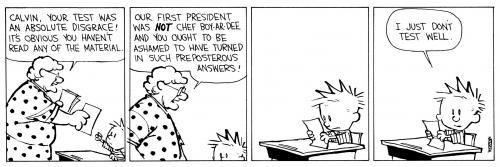 a teacher berates Calvin for giving wrong answers