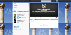 Class Twitter account, @rhetoric306, with Ancient Rhetorics for Contemporary Students (5th ed.) as background