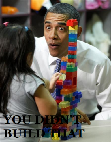 President Obama speaking to a little girl who's built a block tower, words You Didn't Build That imposed over image