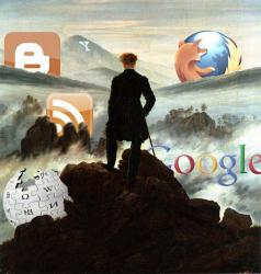Caspar David Friedrich's painting Wanderer Above the Sea of Fog with Internet logos in the distance