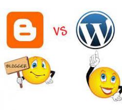 A somewhat frustrated smiley face icon holds up a sign that says "Blogger" beneath the icon for Google Blogger.  A grinning smiley face icon with full lips and bright, white teeth points up at the WordPress logo and looks triumphant. In between the two competing smiley face emoticons, we see, in red, "vs." 