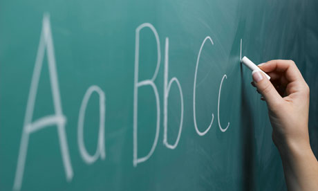 Hand writing the alphabet on a chalkboard